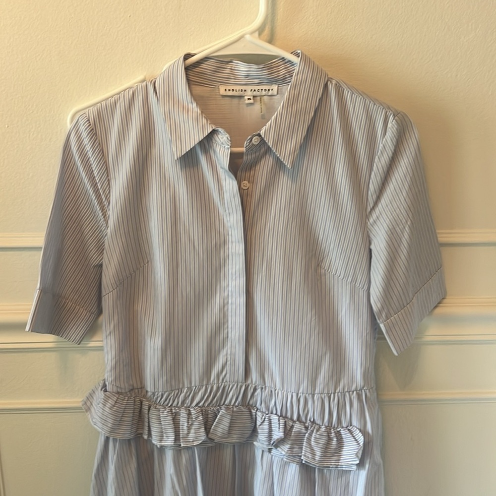 English Factory NWOT XS Blue White Ruffle Oversized Midi Dress Lined - Picture 3 of 9